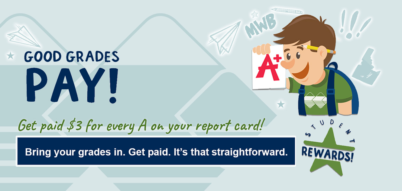 Image of cartoon Caucasian boy holding up a paper with an A+ promoting the program Good Grades Pay.